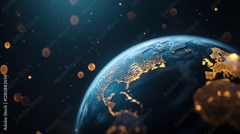 Poster a realistic 3d globe rotating slowly in space, showcasing the earth's continents and oceans with stu