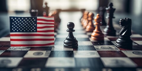 Naklejka premium Us and china trade wars represented on chessboard with american flag