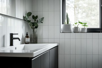 Modern bathroom interior featuring sleek design and natural elements with plants