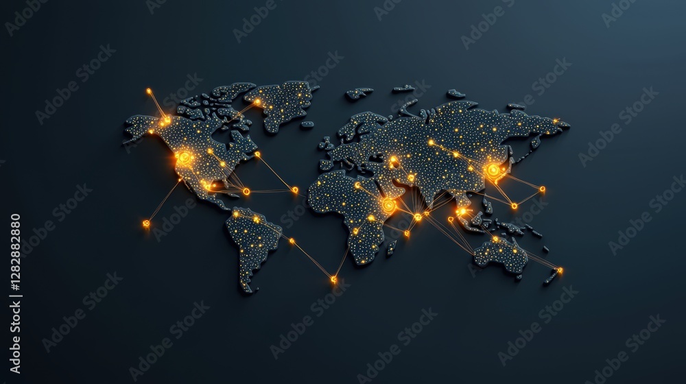 Poster a world map formed by glowing digital grids and data streams, representing global connectivity and t