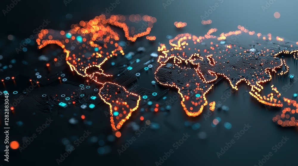 Poster a dark background with glowing pixels forming a world map, symbolizing the digital world and the flo