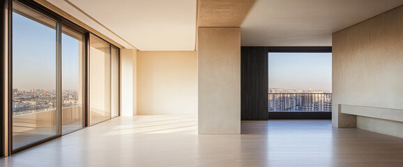 Modern empty apartment with large windows offering city views during daylight