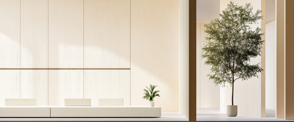 Modern architectural design featuring minimalist interior and greenery in a serene space