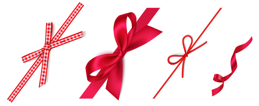 Set of wonderful diagonally decorative Christmas red bow, swirl ribbon isolated on white. Beautiful Valentine's day or birthday corner decoration for your wrapping design. Vector stock illustration.