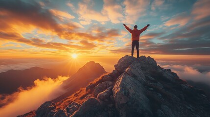 Mountain peak triumph at sunrise, symbolizing mountain peak success and mountain peak adventure with breathtaking clouds and golden light