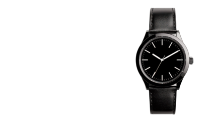 Elegant black wristwatch, classic design with dark dial and genuine leather strap