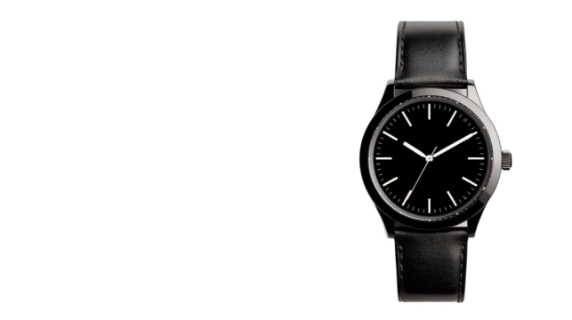 Elegant black wristwatch, classic design with dark dial and genuine leather strap