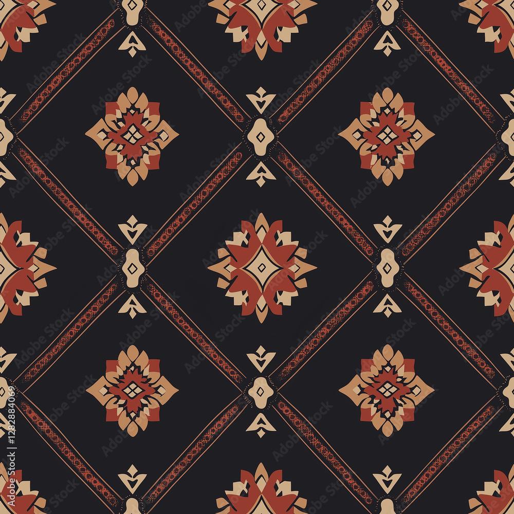 Aufkleber geometric pattern with diamond shapes in warm tones on a dark background, creating a sophisticated d
