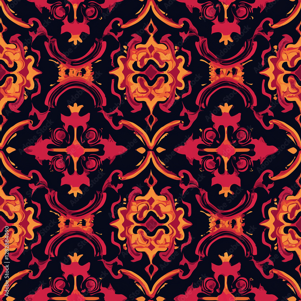 Poster vibrant damask pattern in fiery colors with intricate designs on a dark background.