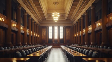 A legislative hall with lawmakers attentively listening to a speaker. Featuring democracy in action and active participation