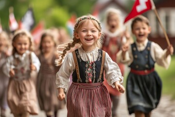 Group of happy children running and waving Swiss flags celebrating National Day