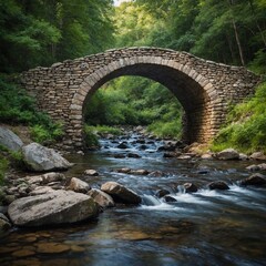 A peaceful country road with an arched stone bridge over a sparkling stream.