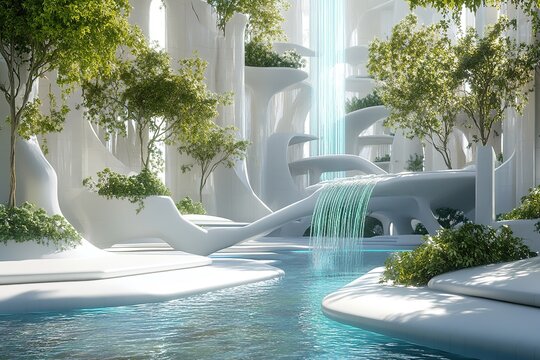 Futuristic architecture incorporates water features and verdant vegetation seamlessly