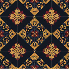 Ornate floral tile pattern in rich colors on a dark background, creating a vintage aesthetic.
