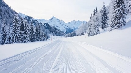 Snowy Ski Trail Through Mountain Valley