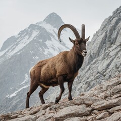 Fototapeta premium A wild ibex scaling a rocky incline, isolated on a pristine white backdrop.