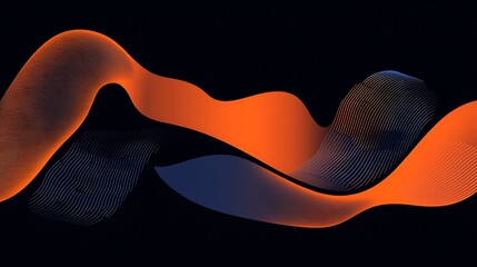 Abstract wavy lines, orange and blue, dark background, graphic design, digital art