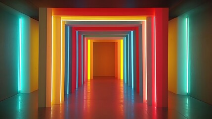 Fototapeta premium Colorful neon archway tunnel, futuristic interior, vibrant light display, virtual space, architectural design