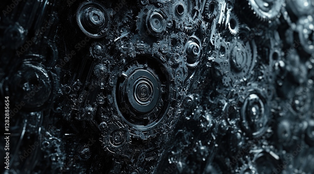 Poster intricate metal gears interlock in complex machine, showing precision engineering and mechanical des