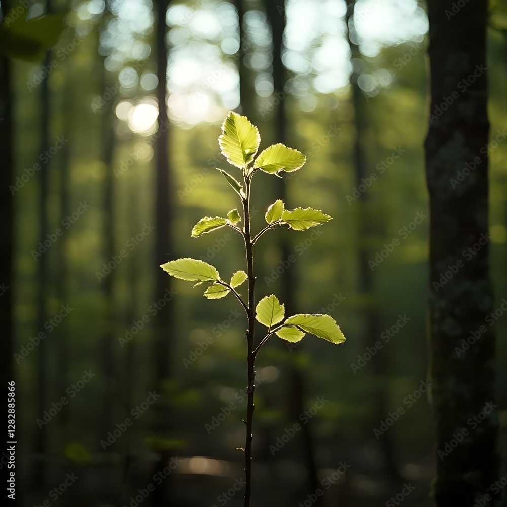 Poster sunlight filtering through trees highlights a single green plant in a serene forest setting