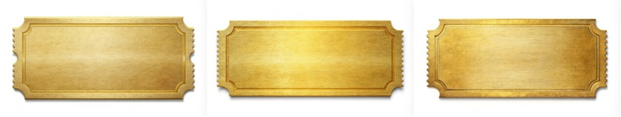 Three golden tickets with a gold frame. The tickets are rectangular and have a shiny surface. Concept of luxury and elegance