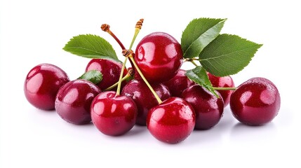 Fresh, ripe cherries with leaves, close-up, isolated on white background.