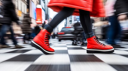 Woman in red boots walking on city crosswalk.