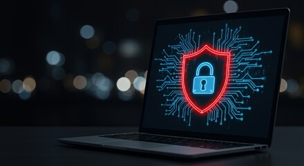 Laptop Screen Displaying Digital Security Shield and Lock for Data Protection