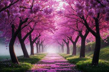 Obraz premium Dreamy Pathway Lined with Cherry Blossom Trees