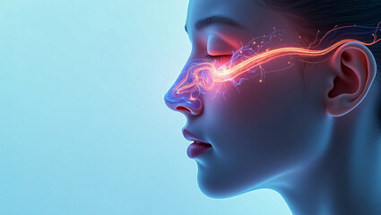 Illustration of Human Nose anatomy, nasal cavity, breathing, smelling, filtering air, respiration, lungs, scent, receptor neurons, mucous membrane, nasal valve for research science studies.