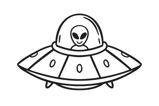 UFO space ship or alien space ship. Futuristic flying space ship doodle hand drawn icon. Outline drawing UFO space ship line clipart symbol