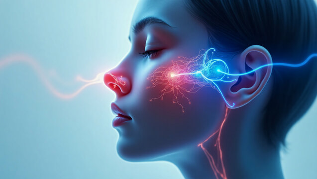 Illustration of Human Nose anatomy, nasal cavity, breathing, smelling, filtering air, respiration, lungs, scent, receptor neurons, mucous membrane, nasal valve for research science studies.