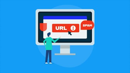Man clicks on spam URL website button, warning notification, shield protects browser security, spam alert concept.