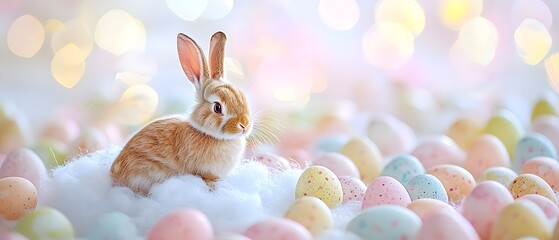 Pastel-Hued Rabbit Sitting on Cloud of Easter Eggs in Surreal, Fairytale-Like Scene