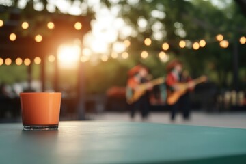 inviting scene of vibrant outdoor patio decorated for cinco de mayo with colorful table settings and blurred view of