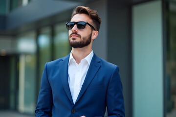 Fototapeta premium Young man in blue suit and sunglasses in front of building