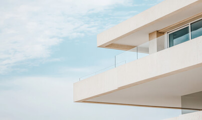 Modern architectural design of a white building under a blue sky during daytime
