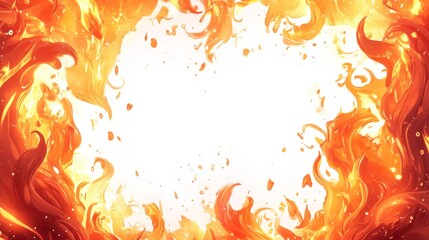 Flame-like cartoon border with bright, blazing fire elements, isolated on white background, creating a hot, fiery frame