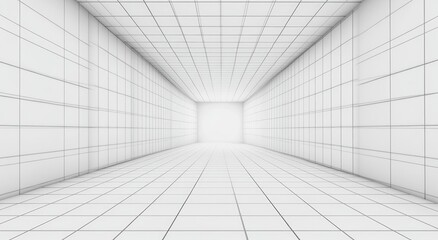 Empty white gridded hallway perspective