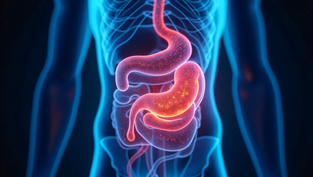 Illustration of Pancreas gland, islets of Langerhans, insulin production, related veins, blood sugar vessels in a transparent human body for research studies.