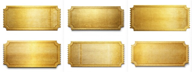 A set of gold tickets with a shiny, metallic appearance. The tickets are arranged in a row, with each one slightly different from the others. Scene is one of luxury and sophistication