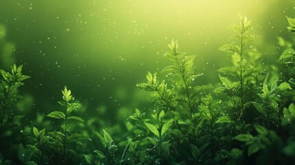 Fototapeta premium Lush green plants, rain, soft light, nature background, eco