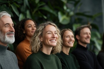 capture diverse group of smiling people of different ages and ethnicities outside in sunlit park symbolizing and well-being
