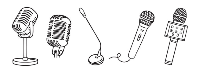 podcasting microphone recording mic doodle hand drawn icon set. Outline drawing microphone line clipart symbol
