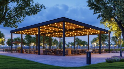 Fototapeta premium Evening Park Pavilion With String Lights And Seating