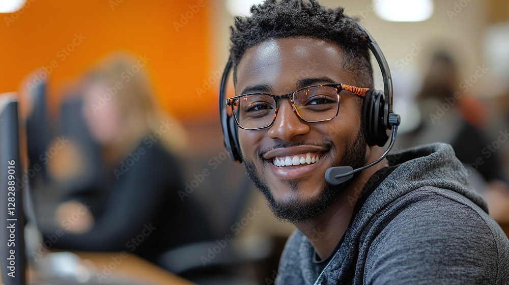 Poster dedicated call center employee wearing a headset and assisting customers over the phone in a profess