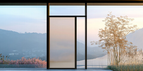 Modern glass door opening to serene landscape with mountains and trees during sunset