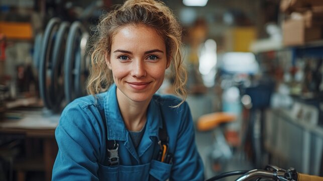 friendly female bike mechanic in blue workwear providing professional repair services filling out orders and assisting customers in a busy workshop