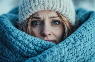 Young woman wrapped in light teal fleece blanket feels cold indoors. Wears warm white knit hat. Expression shows discomfort