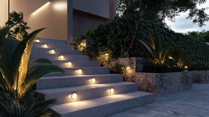 Illuminated Concrete Steps Leading To Modern Home Entrance